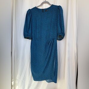 Banana Republic Blue Animal Print Puff Sleeve Dress, Wrap Skirt Detail